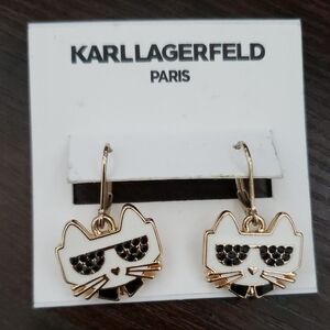 Karl Lagerfeld White and Gold Cat Face Drop Earrings
